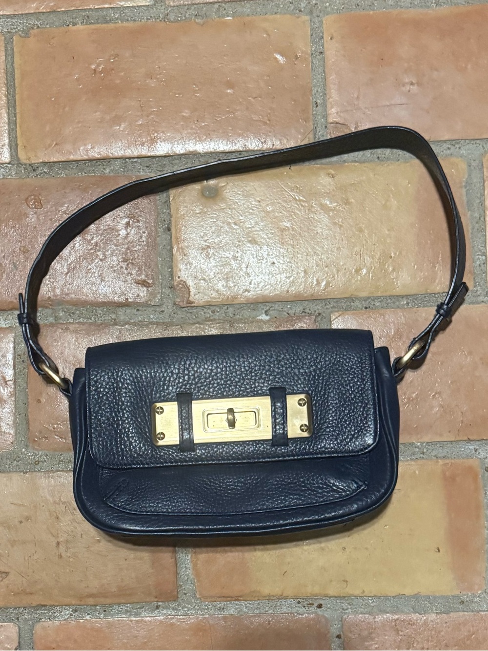Talbots Vintage Navy Pebbled Leather Shoulder Bag with Gold Hardware